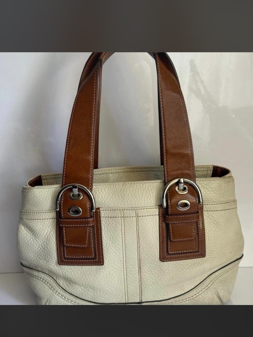 Coach Cream and Brown Leather Shoulder Tote - Sophisticated Everyday Bag